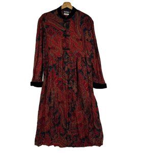 Vintage Ms Choice Red Paisley Long Dress Long Sleeves Velvet Trim size 12